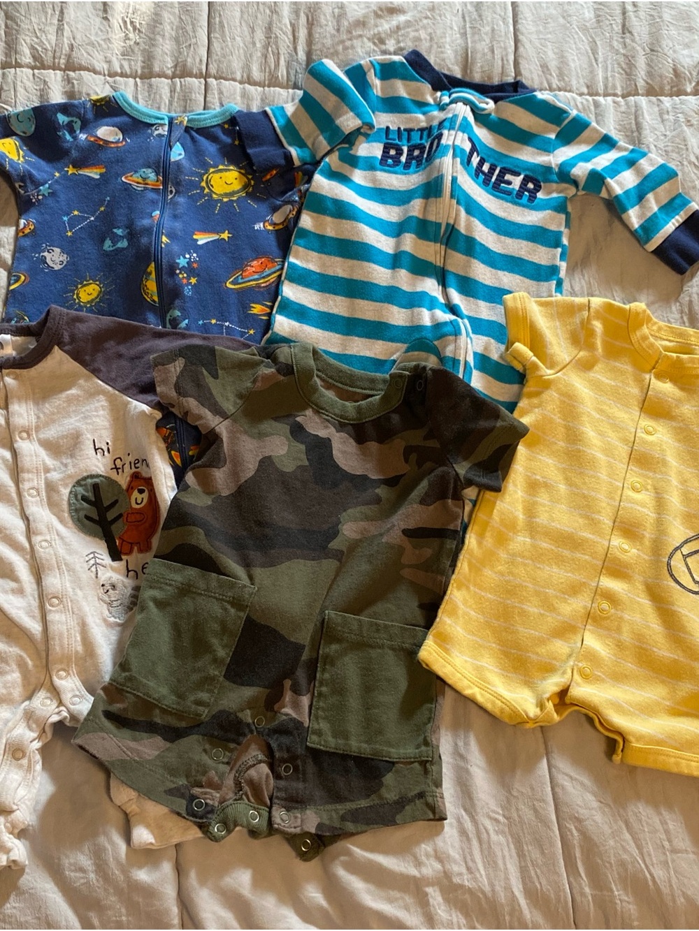 5 piece Assorted Baby Rompers - Camo, Yellow, Striped & Space Prints